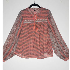 Lucky Brand Tassel Tie Neck Geometric Print Puff Sleeve Boho Red Tunic Top Large